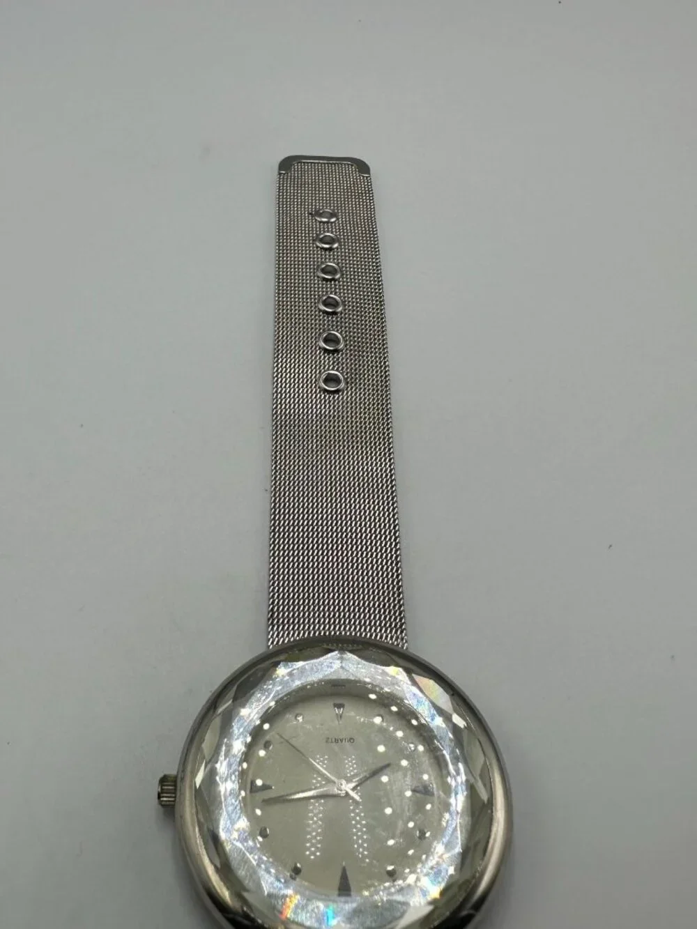 Accutime Womens Watch Faceted Bezel Round Silver Tone Mesh Band New Battery